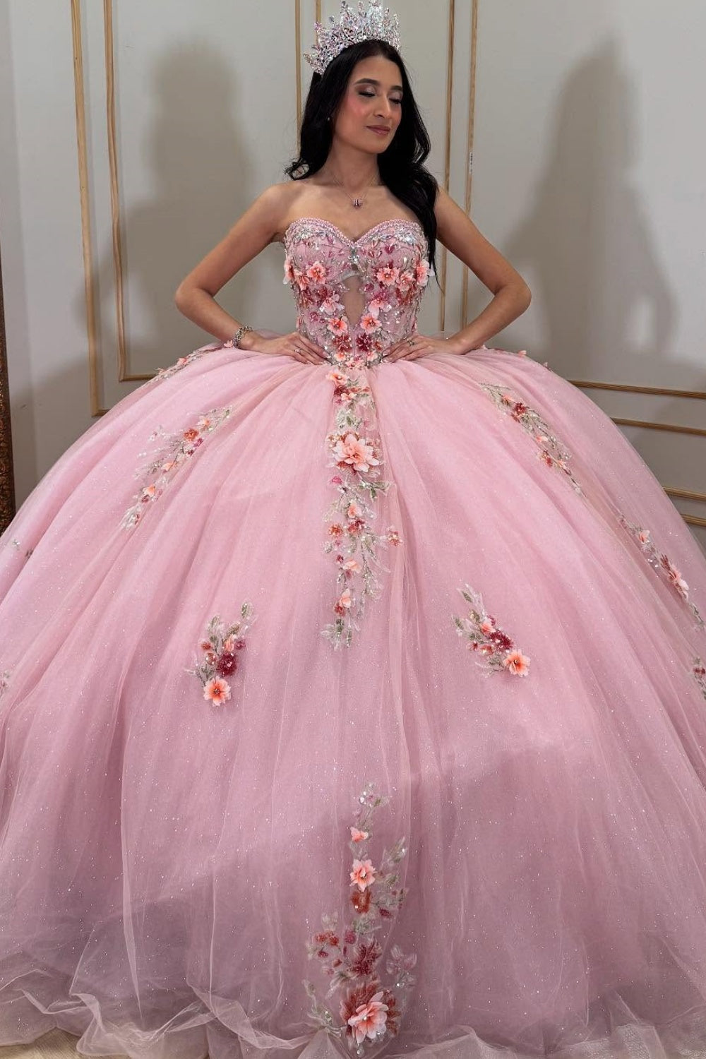 Vestido de Quinceañera Azul Marino con Lentejuelas, Apliques de Cuentas, Brillos y Escote Bardot YQ1055