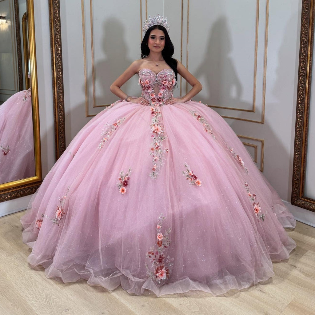 Vestido de Quinceañera Azul Marino con Lentejuelas, Apliques de Cuentas, Brillos y Escote Bardot YQ1055