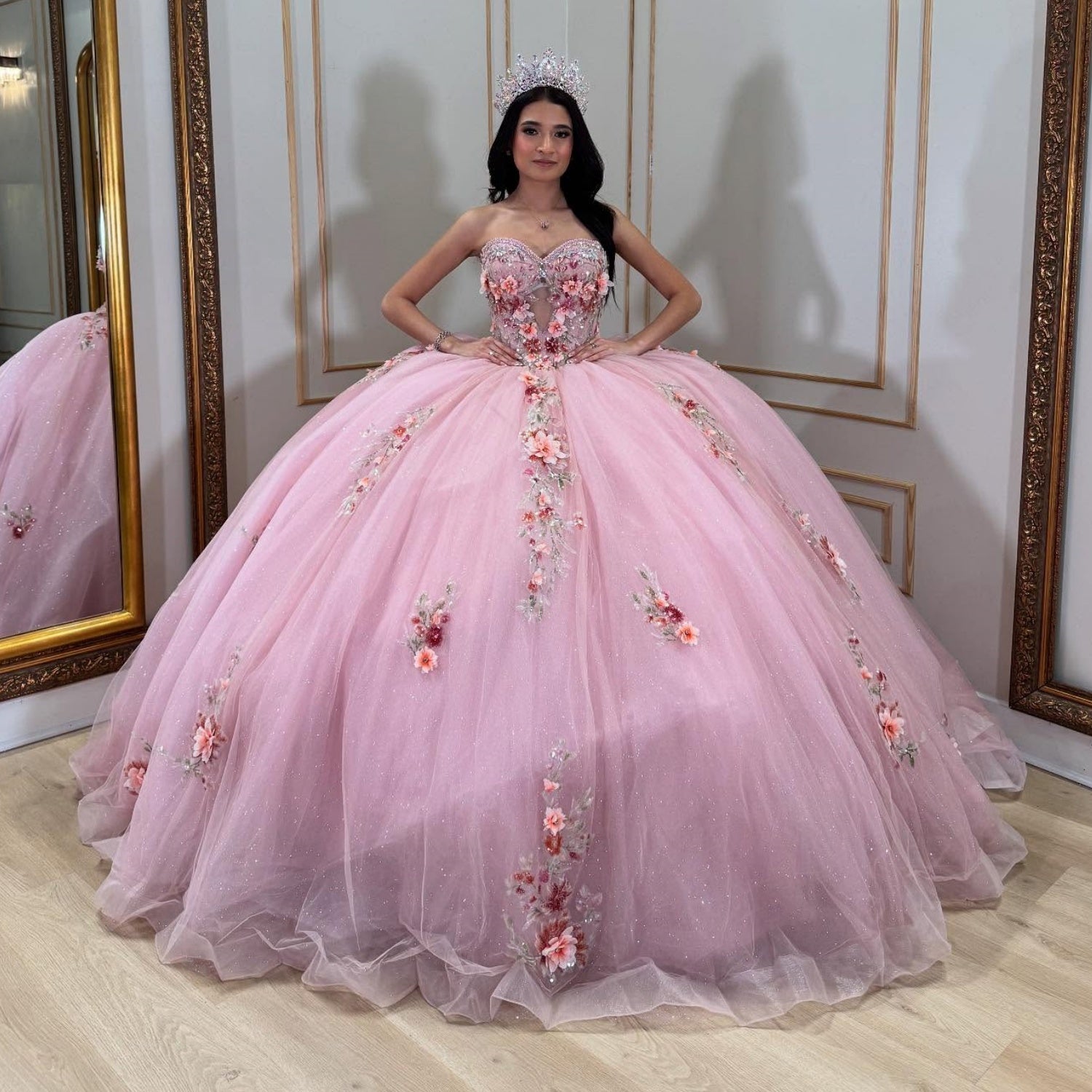 Vestido de Quinceañera Azul Marino con Lentejuelas, Apliques de Cuentas, Brillos y Escote Bardot YQ1055