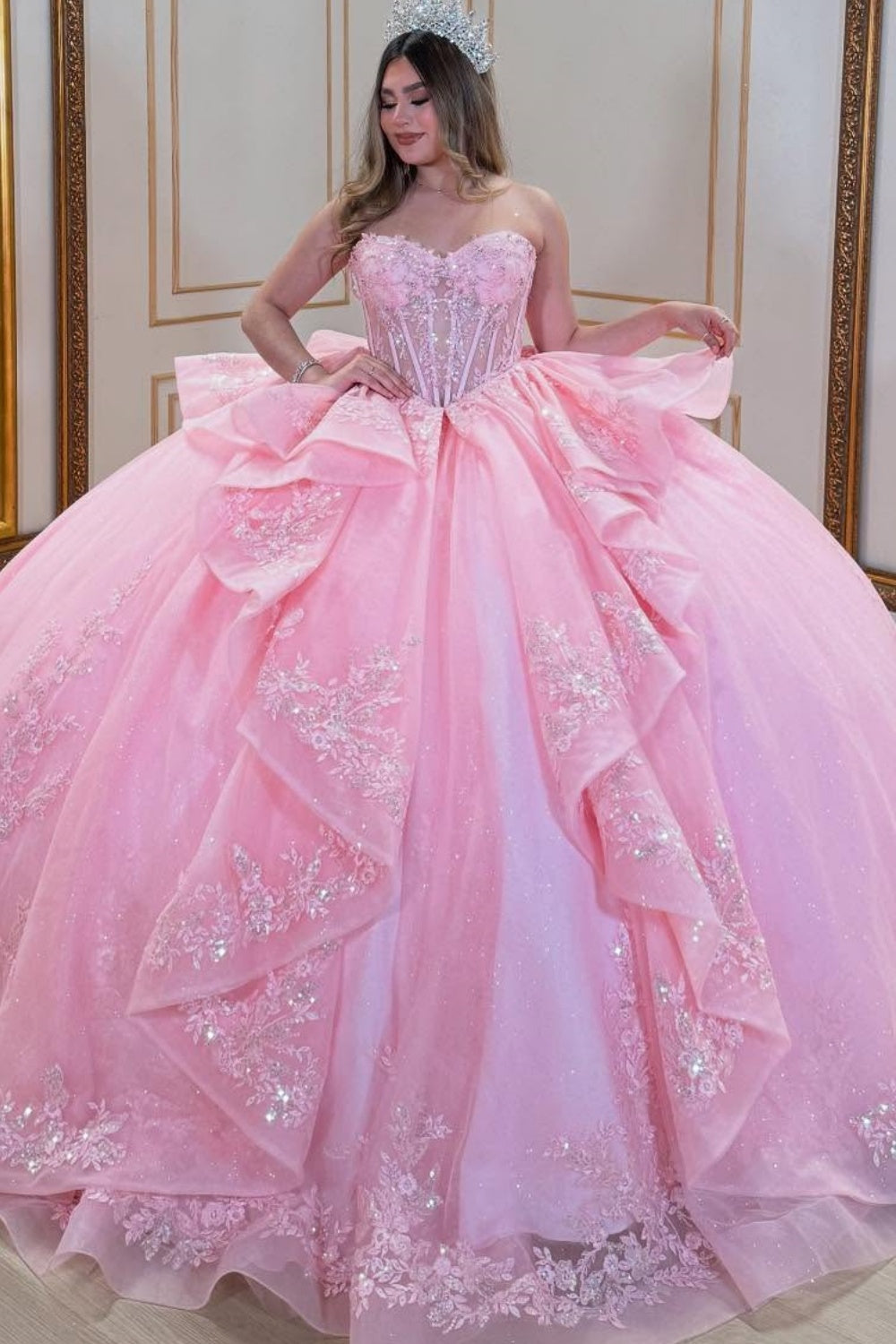 Sweetheart Short Sleeves Sequins Lace Appliques Ruffles Bow Knot Quinceañera Dress YQ1089
