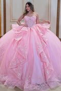 Sweetheart Short Sleeves Sequins Lace Appliques Ruffles Bow Knot Quinceañera Dress YQ1089