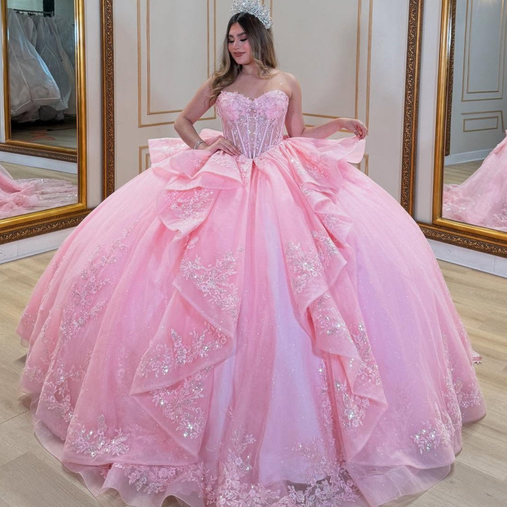 Sweetheart Short Sleeves Sequins Lace Appliques Ruffles Bow Knot Quinceañera Dress YQ1089