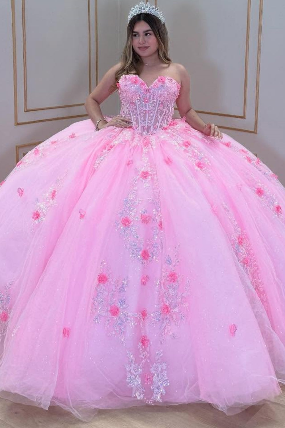 Vestido de Quinceañera Azul Marino con Lentejuelas, Apliques de Cuentas, Brillos y Escote Bardot YQ1055