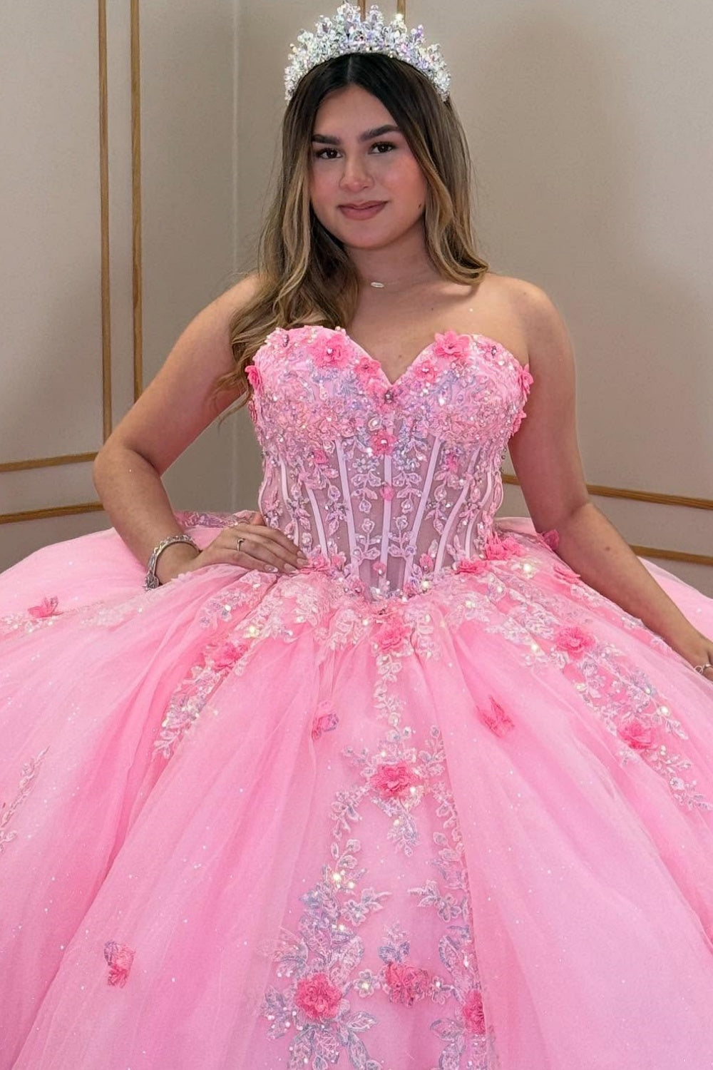 Vestido de Quinceañera Azul Marino con Lentejuelas, Apliques de Cuentas, Brillos y Escote Bardot YQ1055