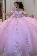 Off Shoulder Sleeveless Beaded Appliques Bow Knot Pink Quinceañera Dress YQ1091