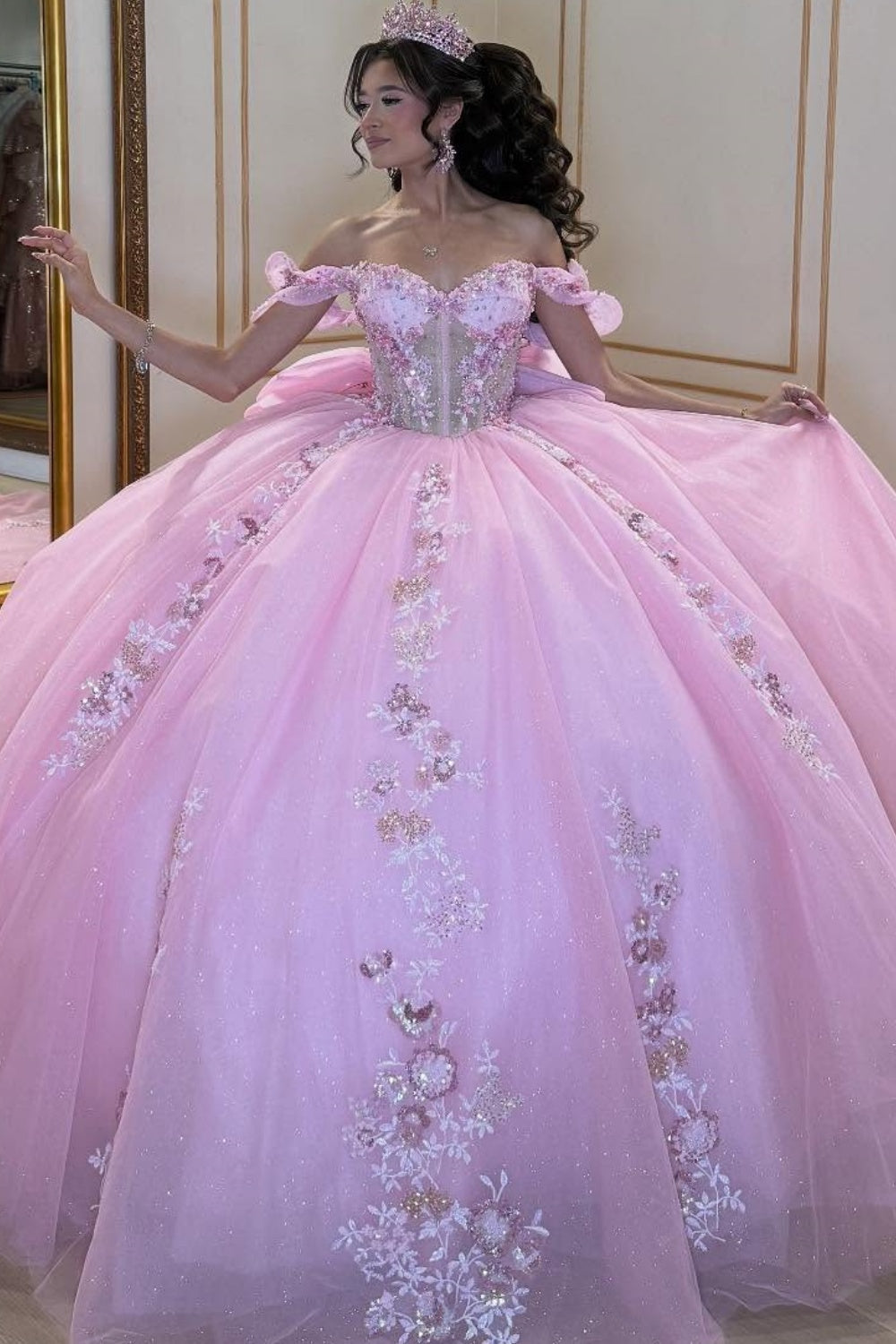Off Shoulder Sleeveless Beaded Appliques Bow Knot Pink Quinceañera Dress YQ1091