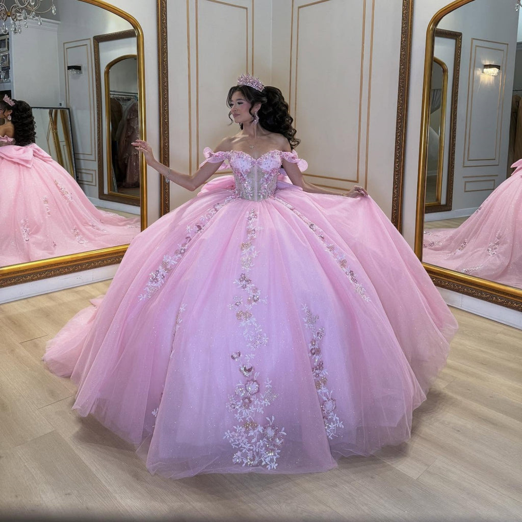 Off Shoulder Sleeveless Beaded Appliques Bow Knot Pink Quinceañera Dress YQ1091