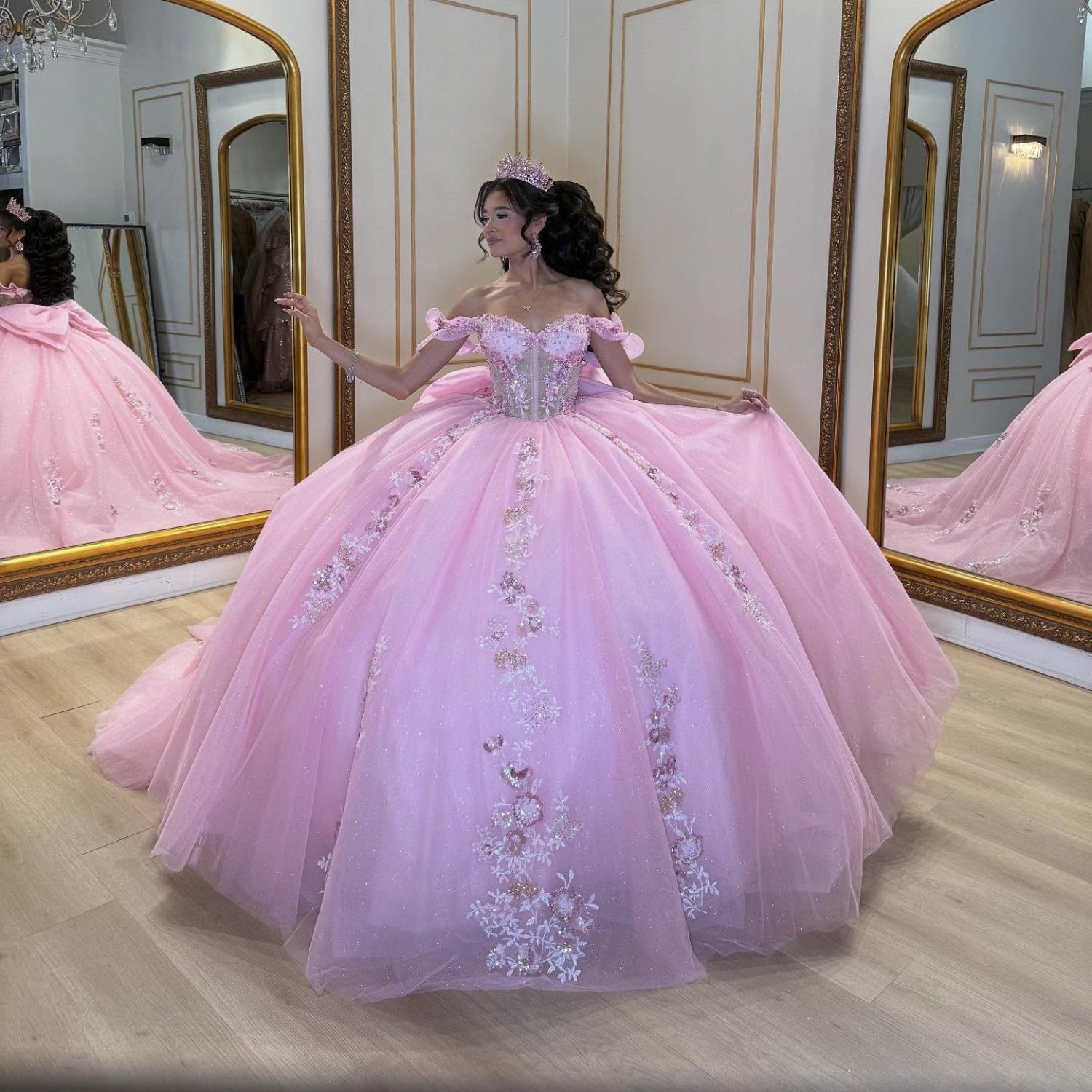 Off Shoulder Sleeveless Beaded Appliques Bow Knot Pink Quinceañera Dress YQ1091