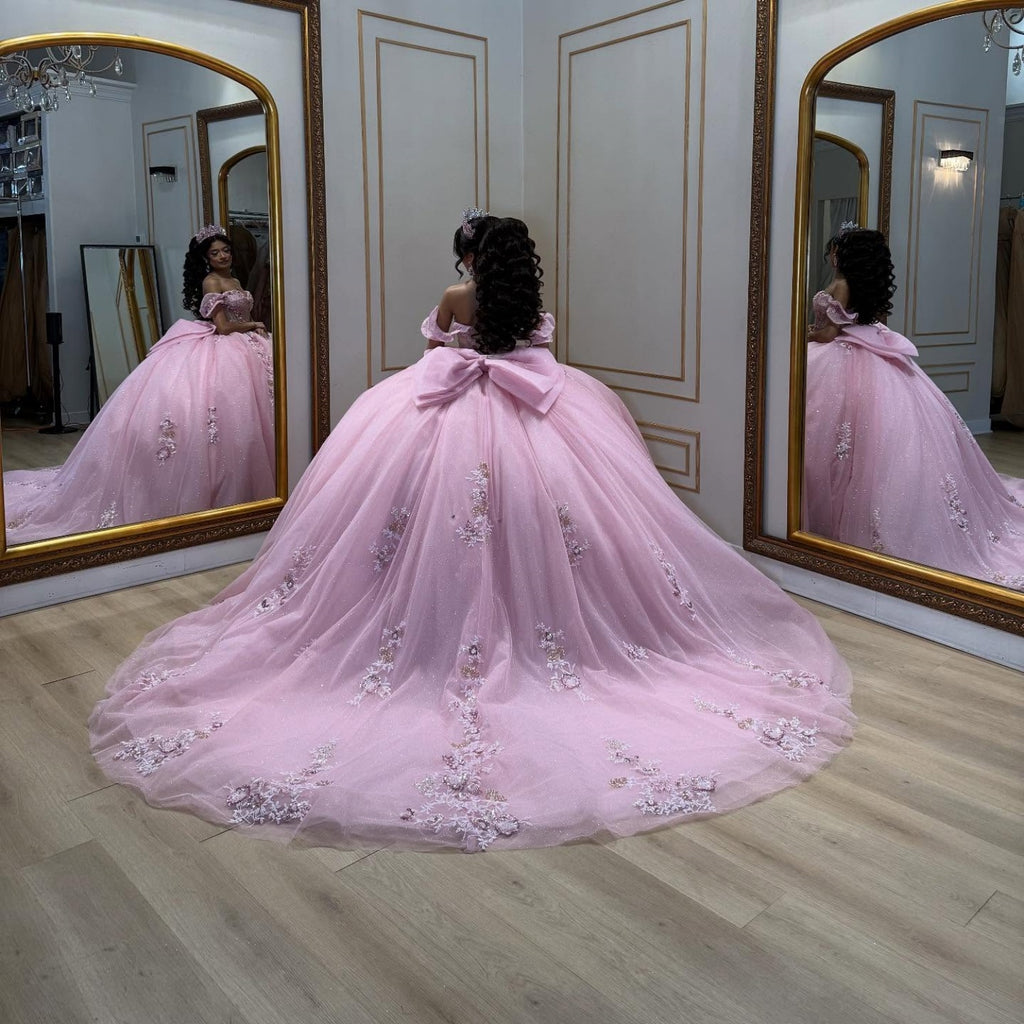 Off Shoulder Sleeveless Beaded Appliques Bow Knot Pink Quinceañera Dress YQ1091