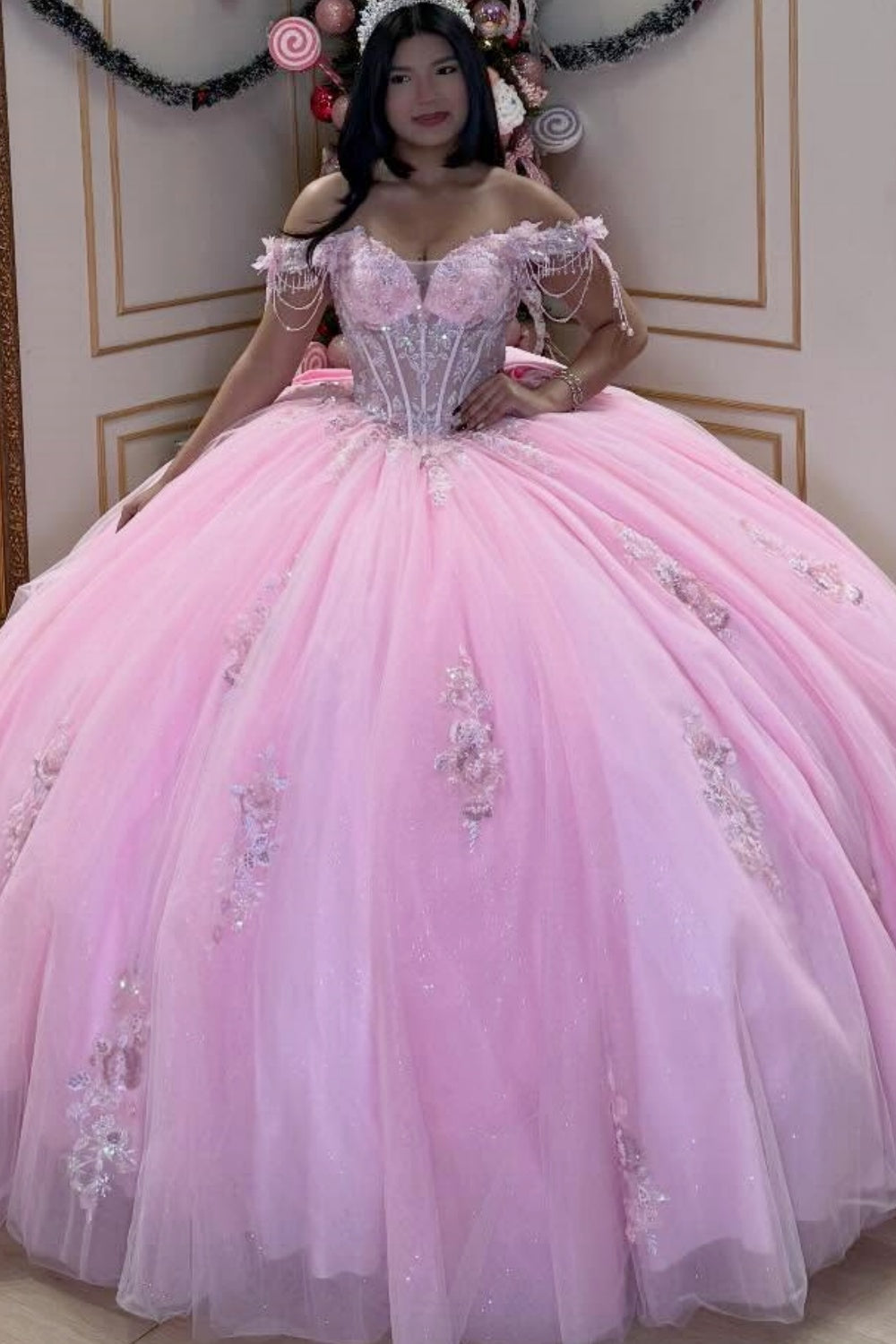 Off Shoulder Sleeveless Beaded Appliques Bow Knot Pink Quinceañera Dress YQ1092