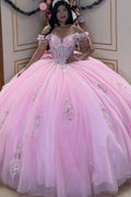 Off Shoulder Sleeveless Beaded Appliques Bow Knot Pink Quinceañera Dress YQ1092