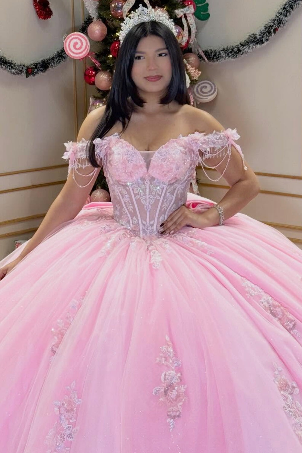 Off Shoulder Sleeveless Beaded Appliques Bow Knot Pink Quinceañera Dress YQ1092