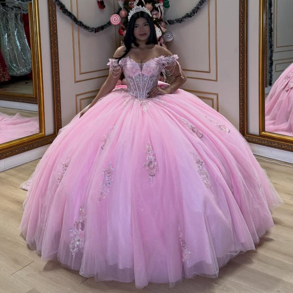 Off Shoulder Sleeveless Beaded Appliques Bow Knot Pink Quinceañera Dress YQ1092
