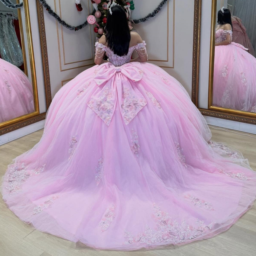 Off Shoulder Sleeveless Beaded Appliques Bow Knot Pink Quinceañera Dress YQ1092