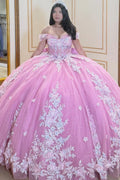 Off Shoulder Sleeveless Sequins Appliques Bow Knot Pink Quinceañera Dress YQ1093