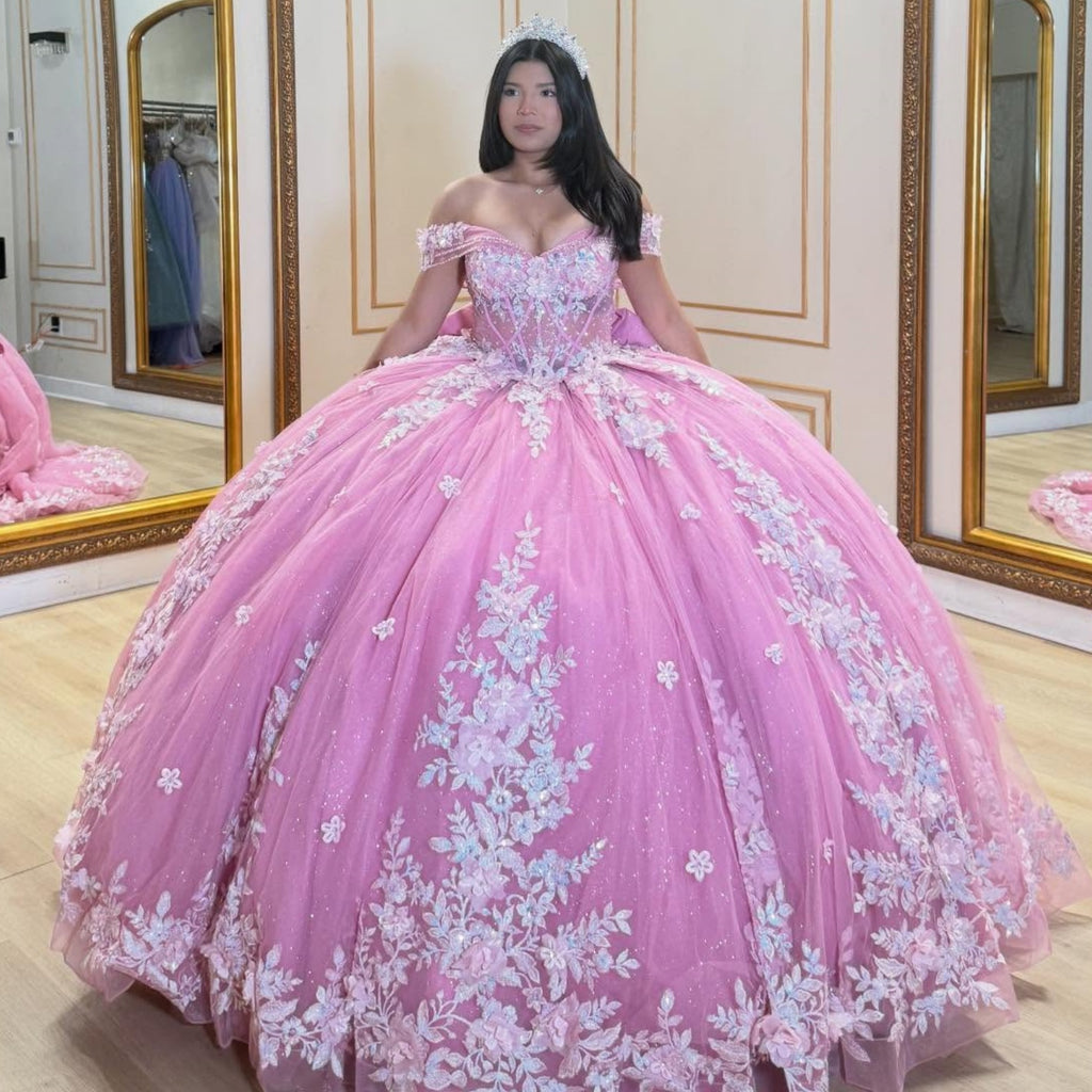 Off Shoulder Sleeveless Sequins Appliques Bow Knot Pink Quinceañera Dress YQ1093