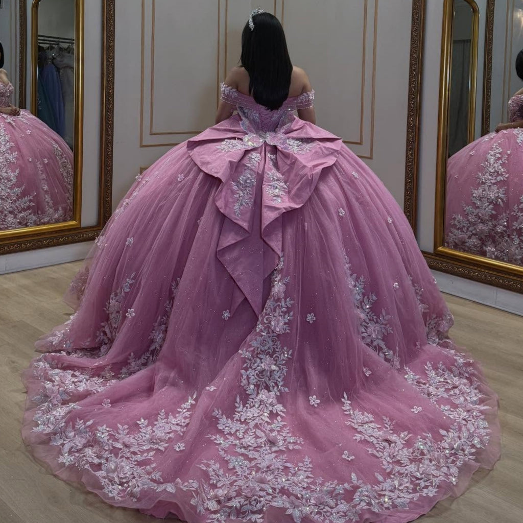 Off Shoulder Sleeveless Sequins Appliques Bow Knot Pink Quinceañera Dress YQ1093