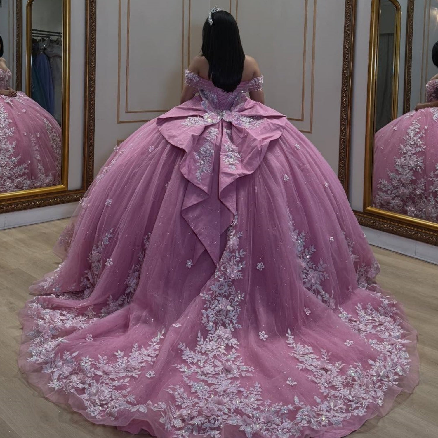 Off Shoulder Sleeveless Sequins Appliques Bow Knot Pink Quinceañera Dress YQ1093