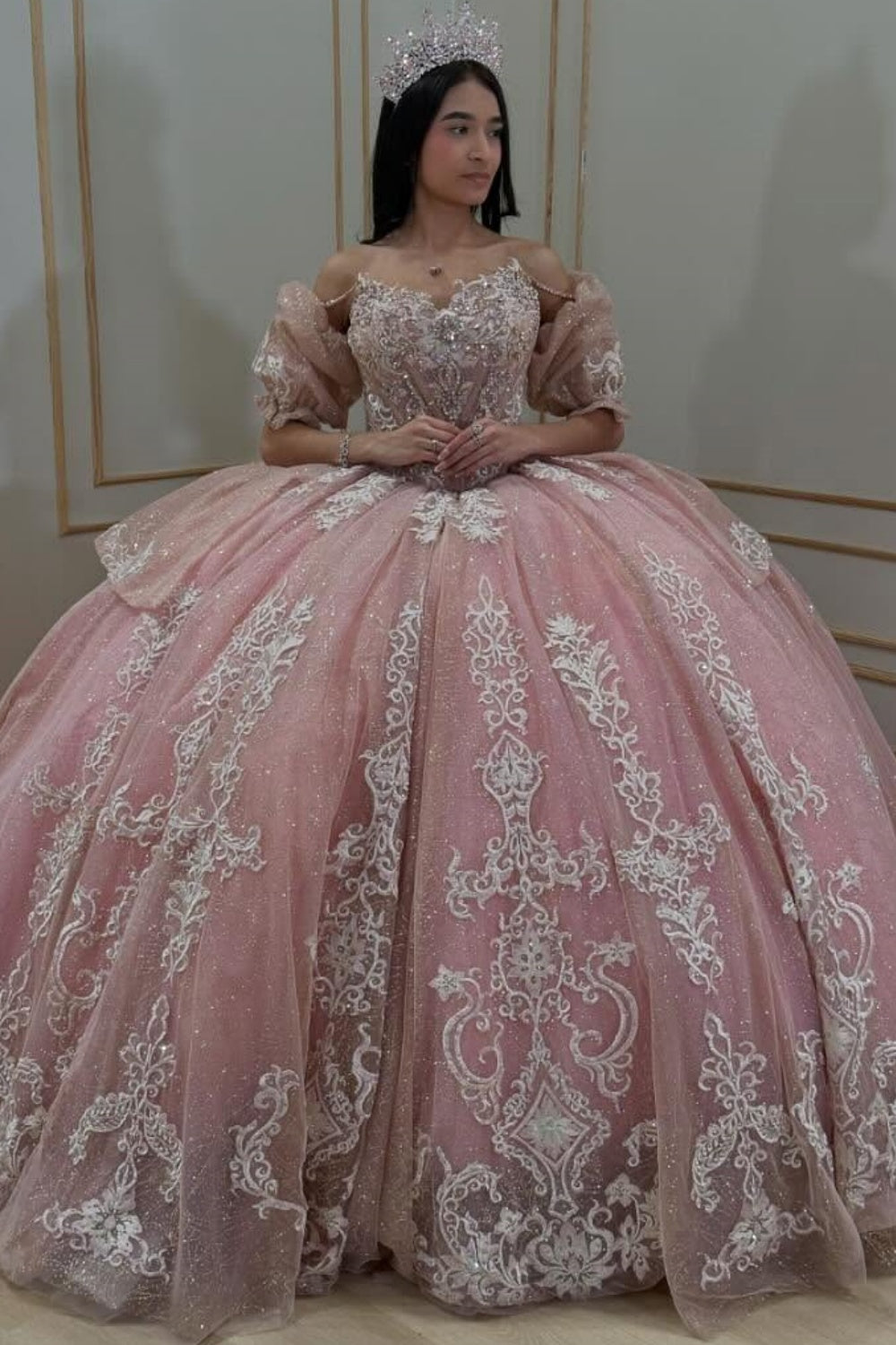 Off Shoulder Detachable Sleeves Beaded Appliques Bow Knot Pink Quinceañera Dress YQ1094