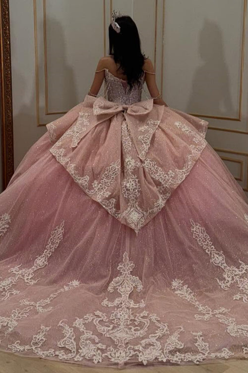 Off Shoulder Detachable Sleeves Beaded Appliques Bow Knot Pink Quinceañera Dress YQ1094