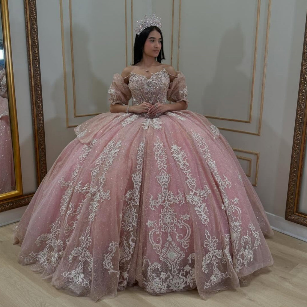 Off Shoulder Detachable Sleeves Beaded Appliques Bow Knot Pink Quinceañera Dress YQ1094