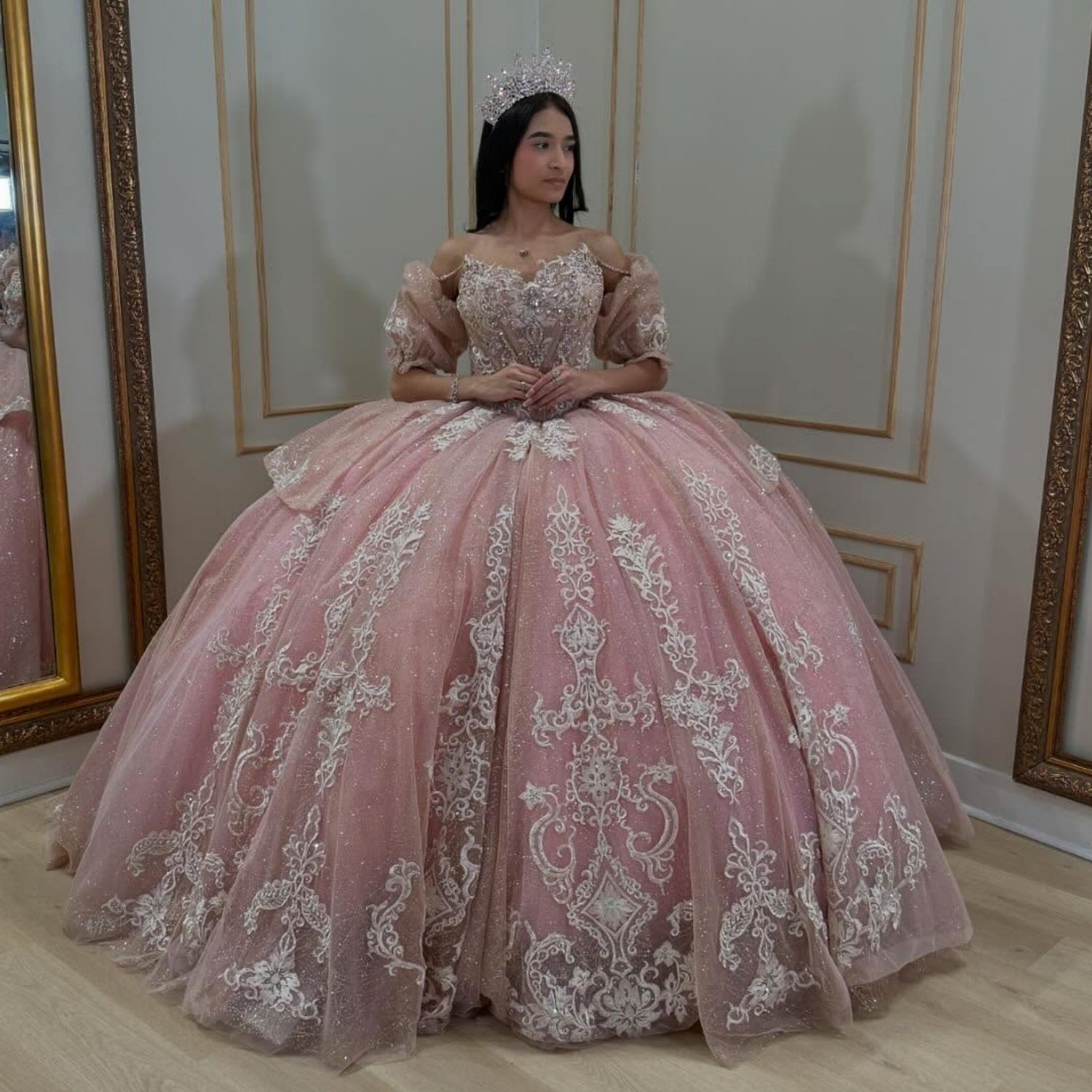 Off Shoulder Detachable Sleeves Beaded Appliques Bow Knot Pink Quinceañera Dress YQ1094