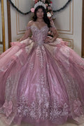 Vestido de Quinceañera Azul Marino con Lentejuelas, Apliques de Cuentas, Brillos y Escote Bardot YQ1055
