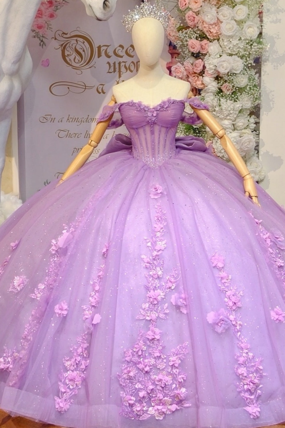 Off Shoulder Sleeveless 3D Flower Appliques Beaded Bow Knot Lilac Quinceañera Dress YQ1101