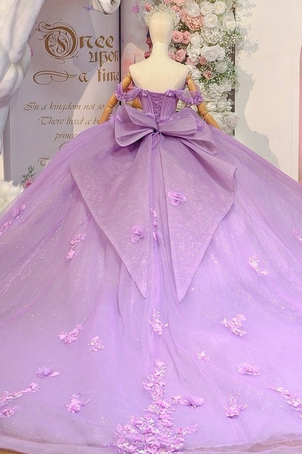 Off Shoulder Sleeveless 3D Flower Appliques Beaded Bow Knot Lilac Quinceañera Dress YQ1101