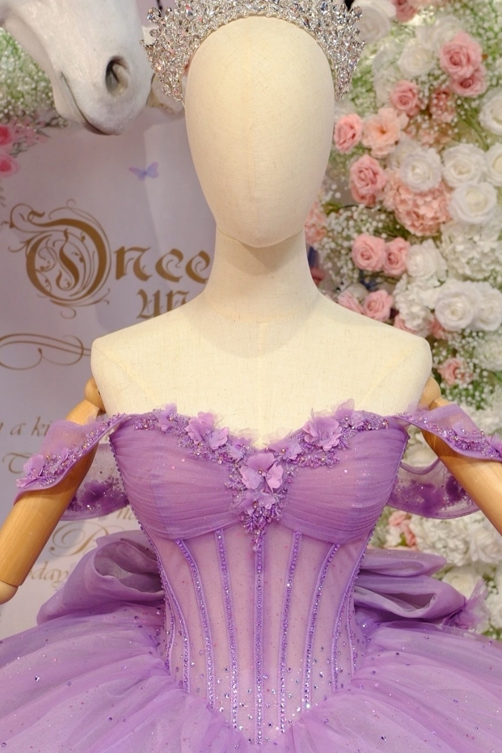 Off Shoulder Sleeveless 3D Flower Appliques Beaded Bow Knot Lilac Quinceañera Dress YQ1101