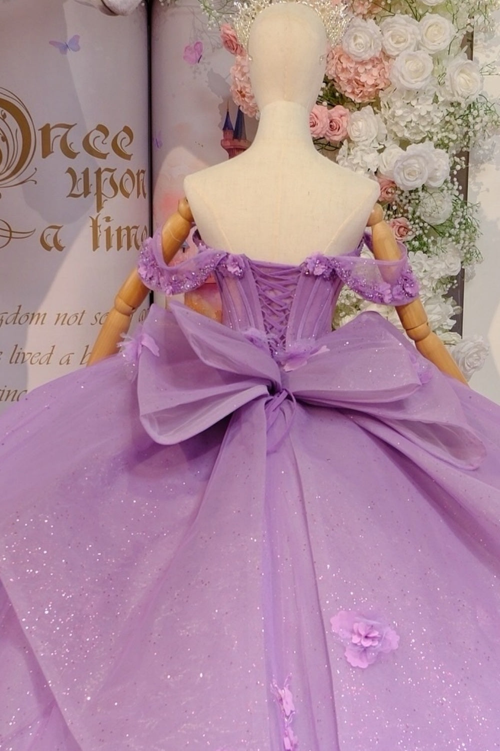 Off Shoulder Sleeveless 3D Flower Appliques Beaded Bow Knot Lilac Quinceañera Dress YQ1101