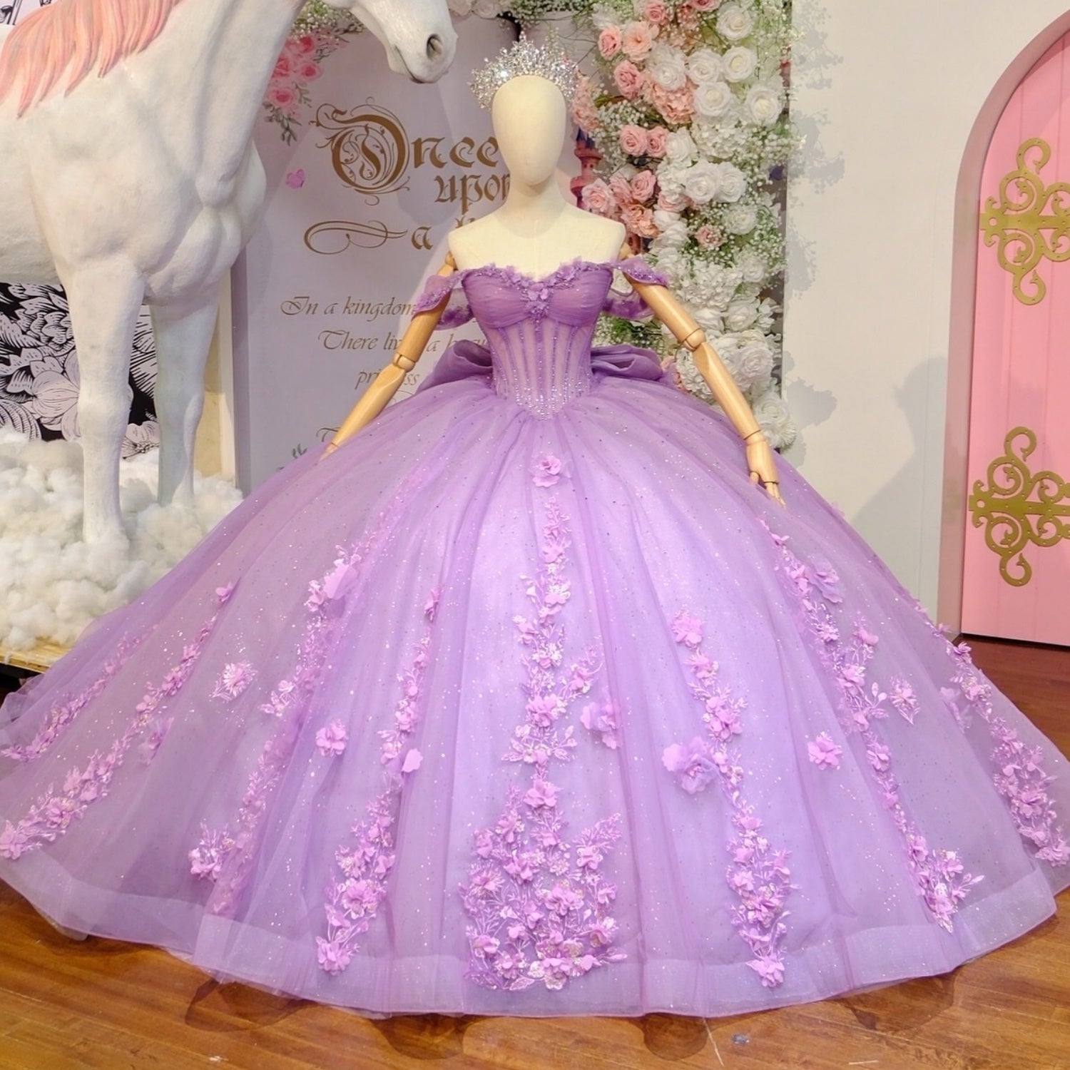 Off Shoulder Sleeveless 3D Flower Appliques Beaded Bow Knot Lilac Quinceañera Dress YQ1101
