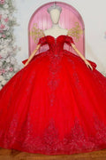 Off Shoulder Sleeveless Beaded Sequins Appliques Bow Knot Ruffles Red Quinceañera Dress YQ1103