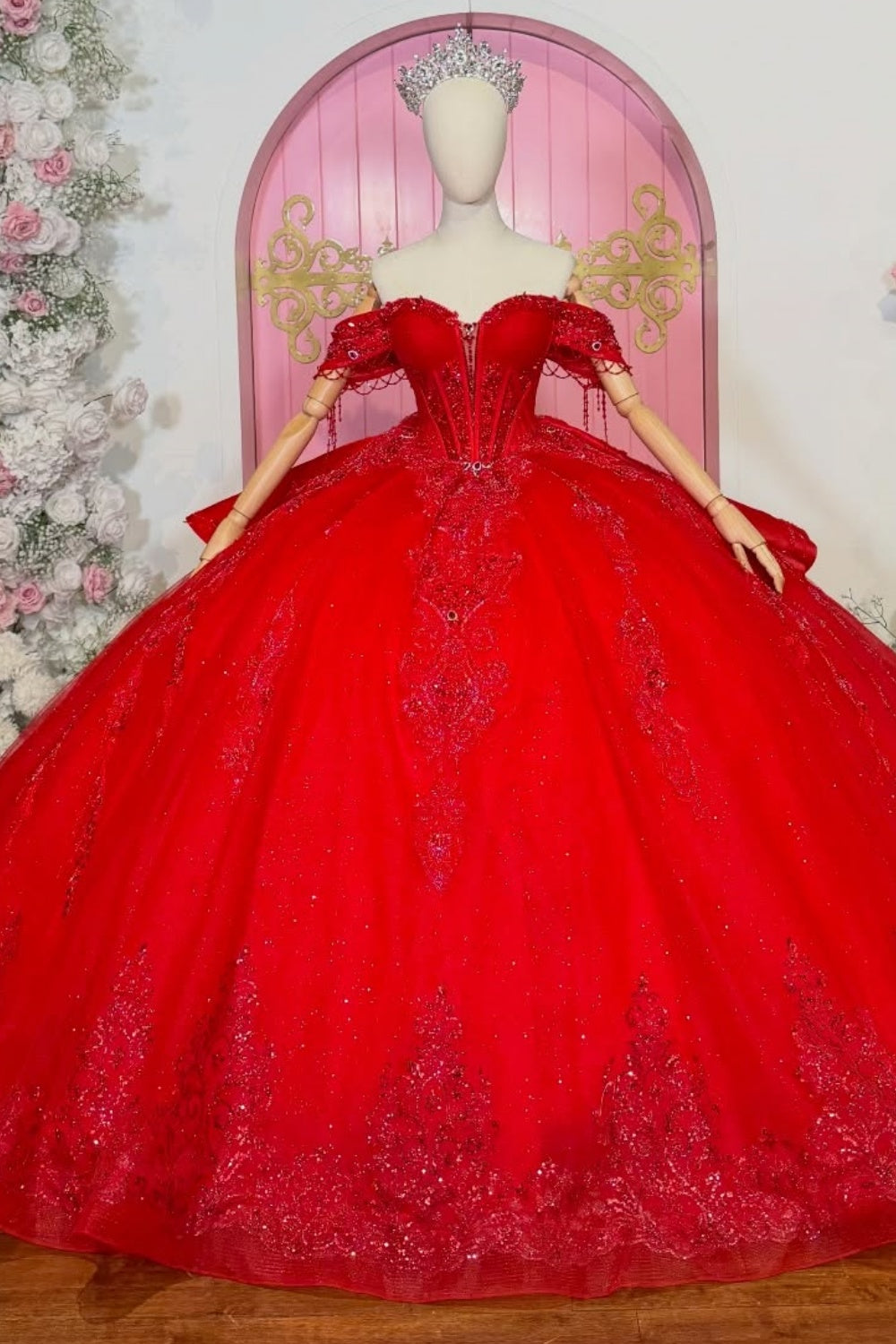 Off Shoulder Sleeveless Beaded Sequins Appliques Bow Knot Ruffles Red Quinceañera Dress YQ1103