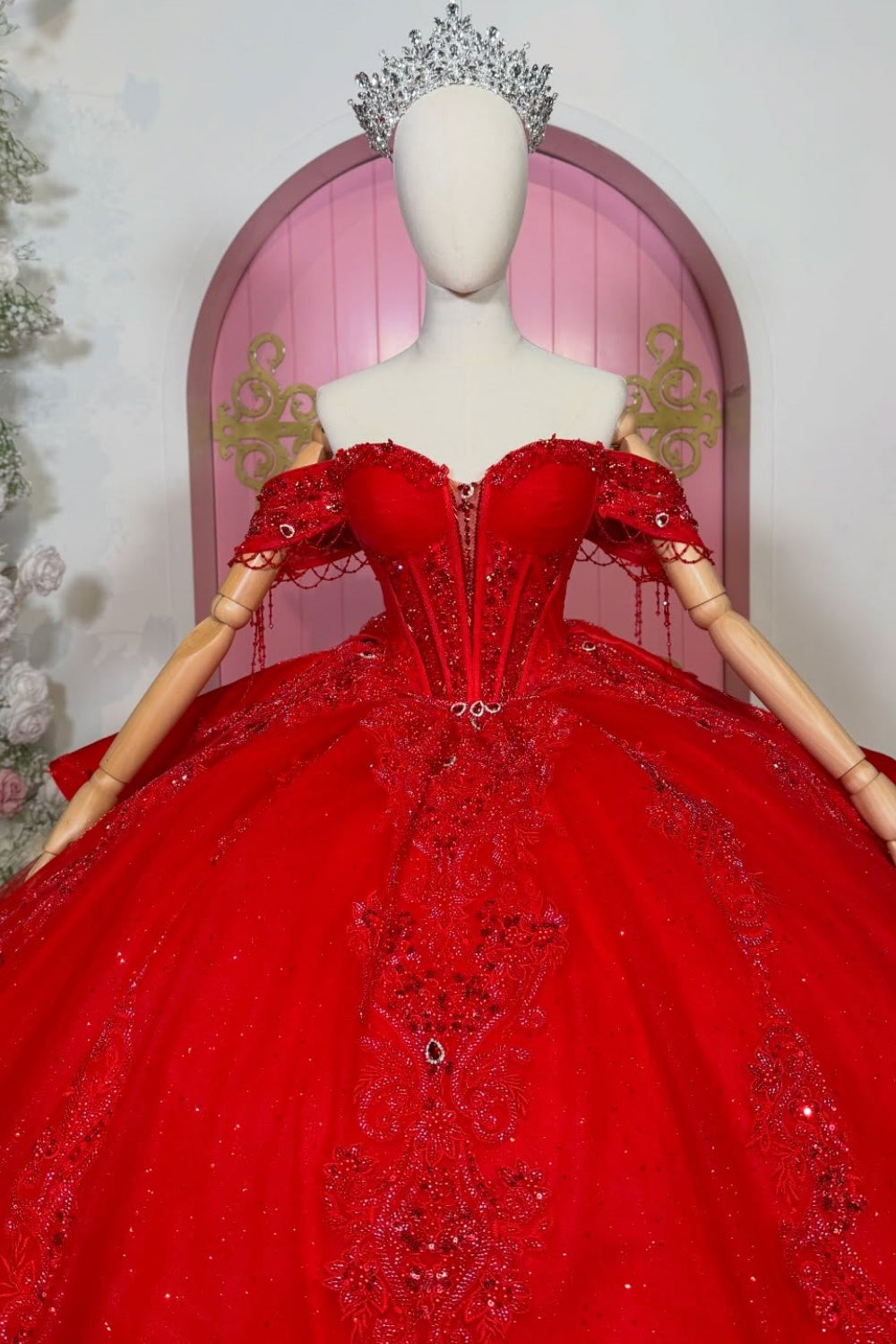 Off Shoulder Sleeveless Beaded Sequins Appliques Bow Knot Ruffles Red Quinceañera Dress YQ1103