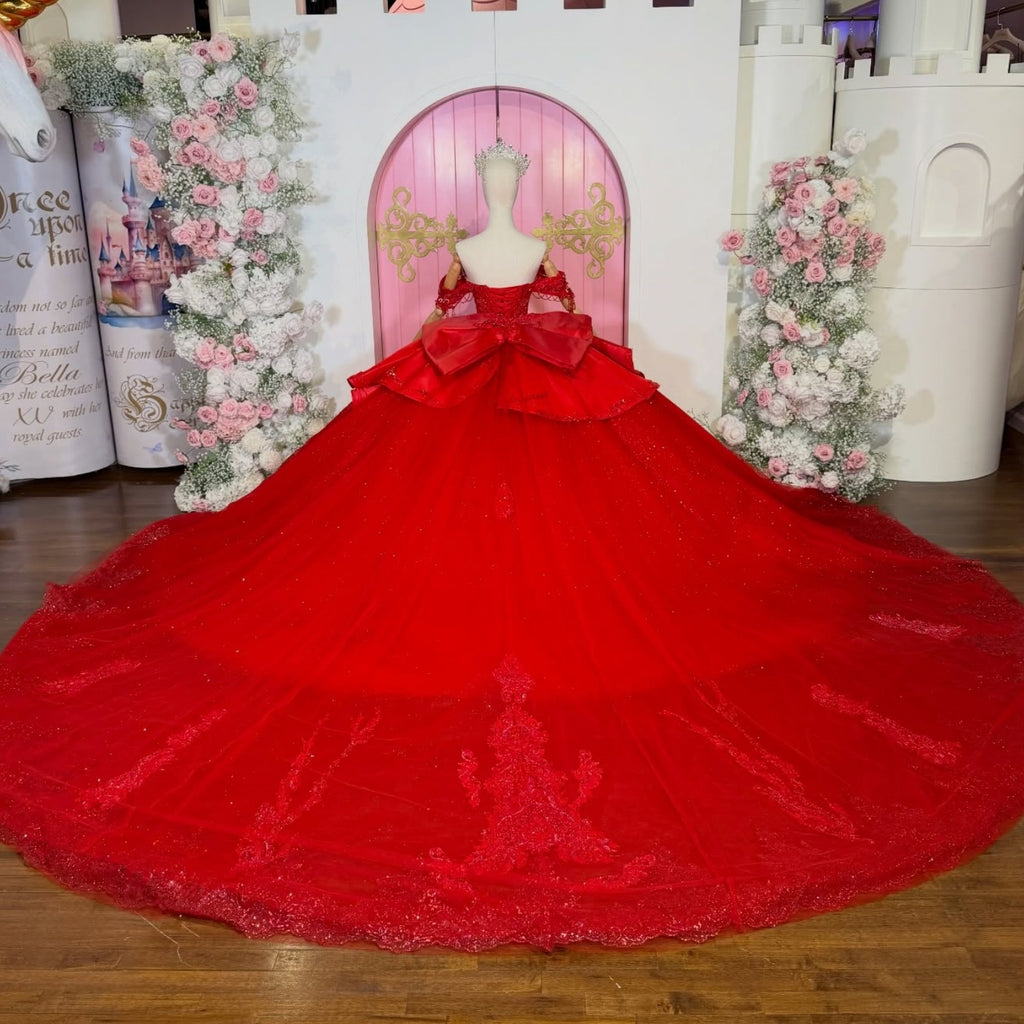 Off Shoulder Sleeveless Beaded Sequins Appliques Bow Knot Ruffles Red Quinceañera Dress YQ1103