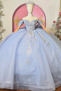 Vestido de Quinceañera Azul Marino con Lentejuelas, Apliques de Cuentas, Brillos y Escote Bardot YQ1055