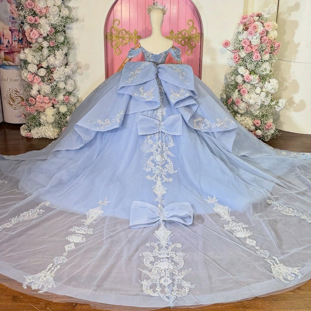Vestido de Quinceañera Azul Marino con Lentejuelas, Apliques de Cuentas, Brillos y Escote Bardot YQ1055