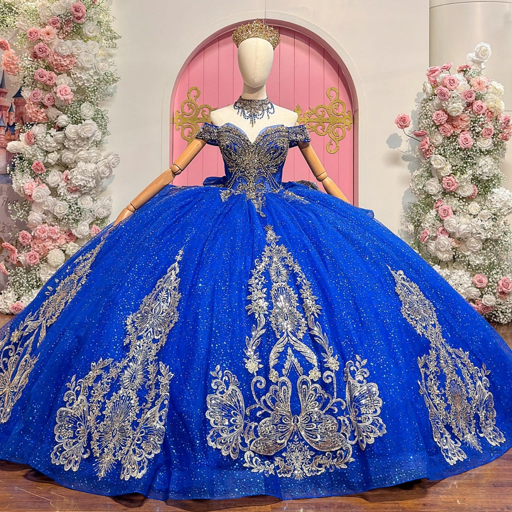 Off Shoulder Sleeveless Beaded Appliques Ruffles Royal Blue Quinceañera Dress YQ1105