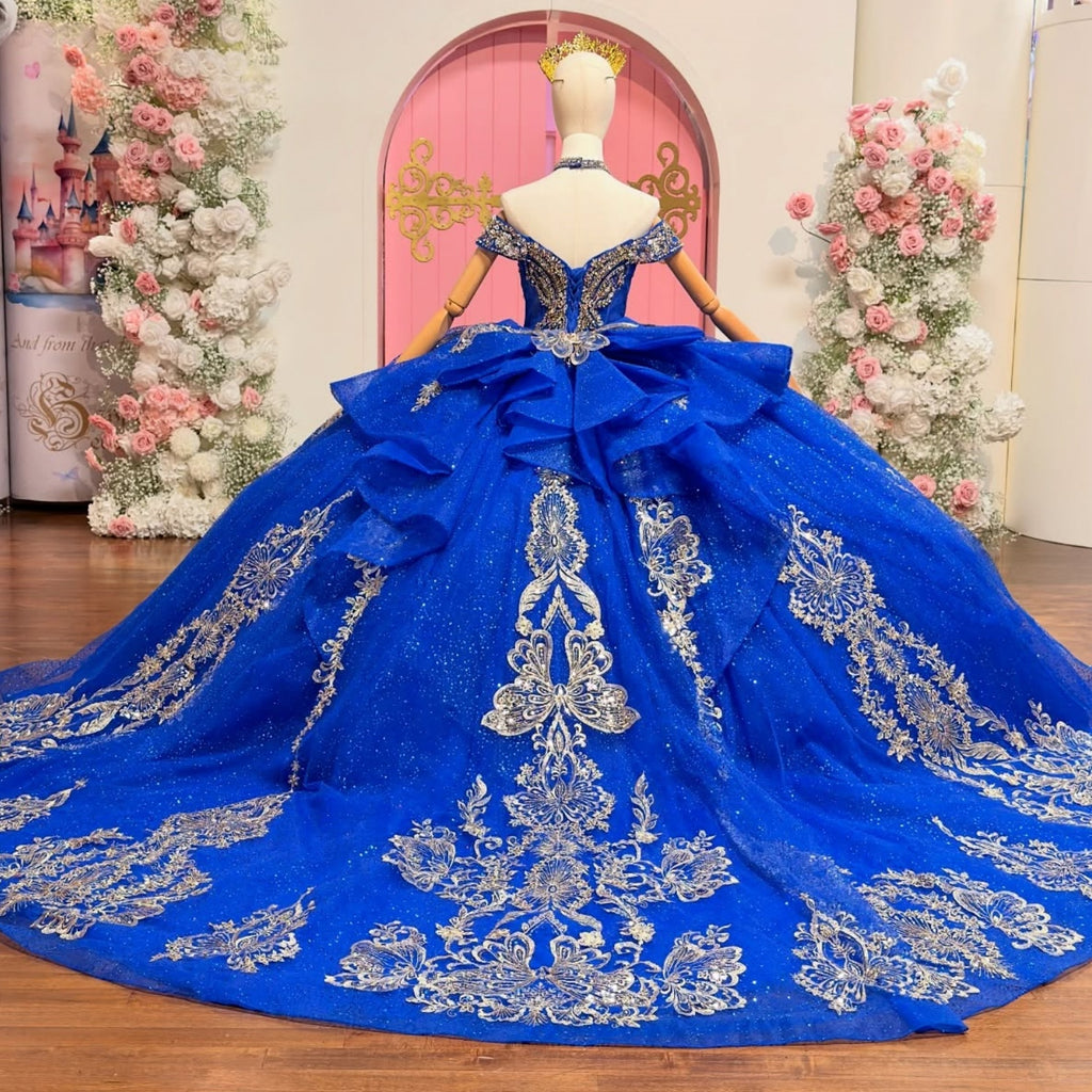 Off Shoulder Sleeveless Beaded Appliques Ruffles Royal Blue Quinceañera Dress YQ1105