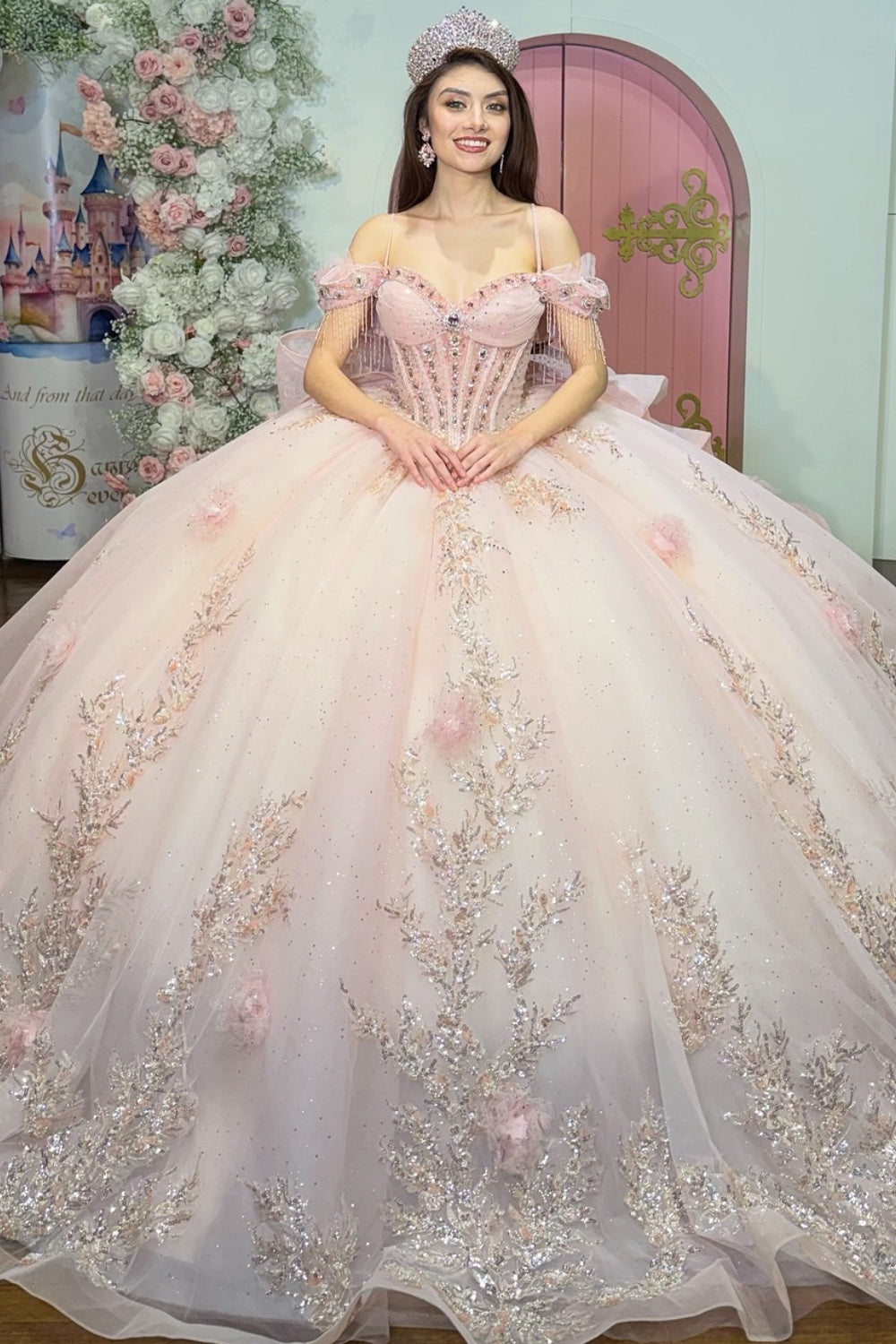 Off Shoulder Sleeveless Spaghetti Straps Beaded Sequins 3D Flower Appliques Bow Knot Pink Quinceañera Dress YQ1106