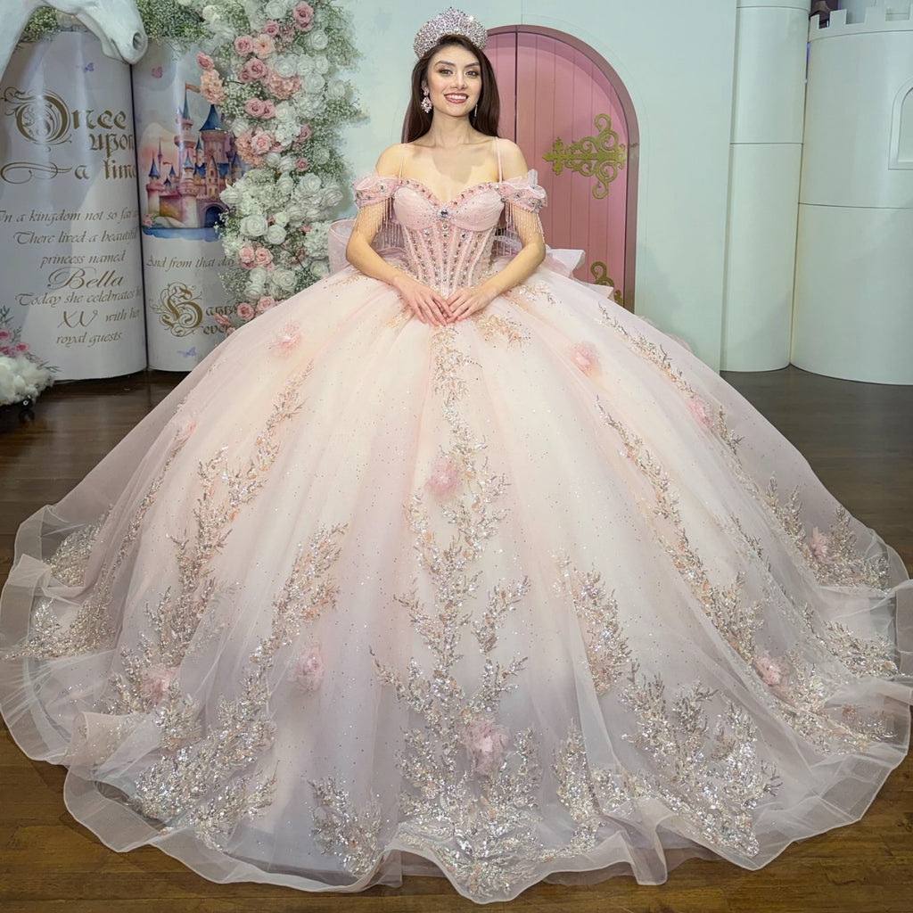 Off Shoulder Sleeveless Spaghetti Straps Beaded Sequins 3D Flower Appliques Bow Knot Pink Quinceañera Dress YQ1106