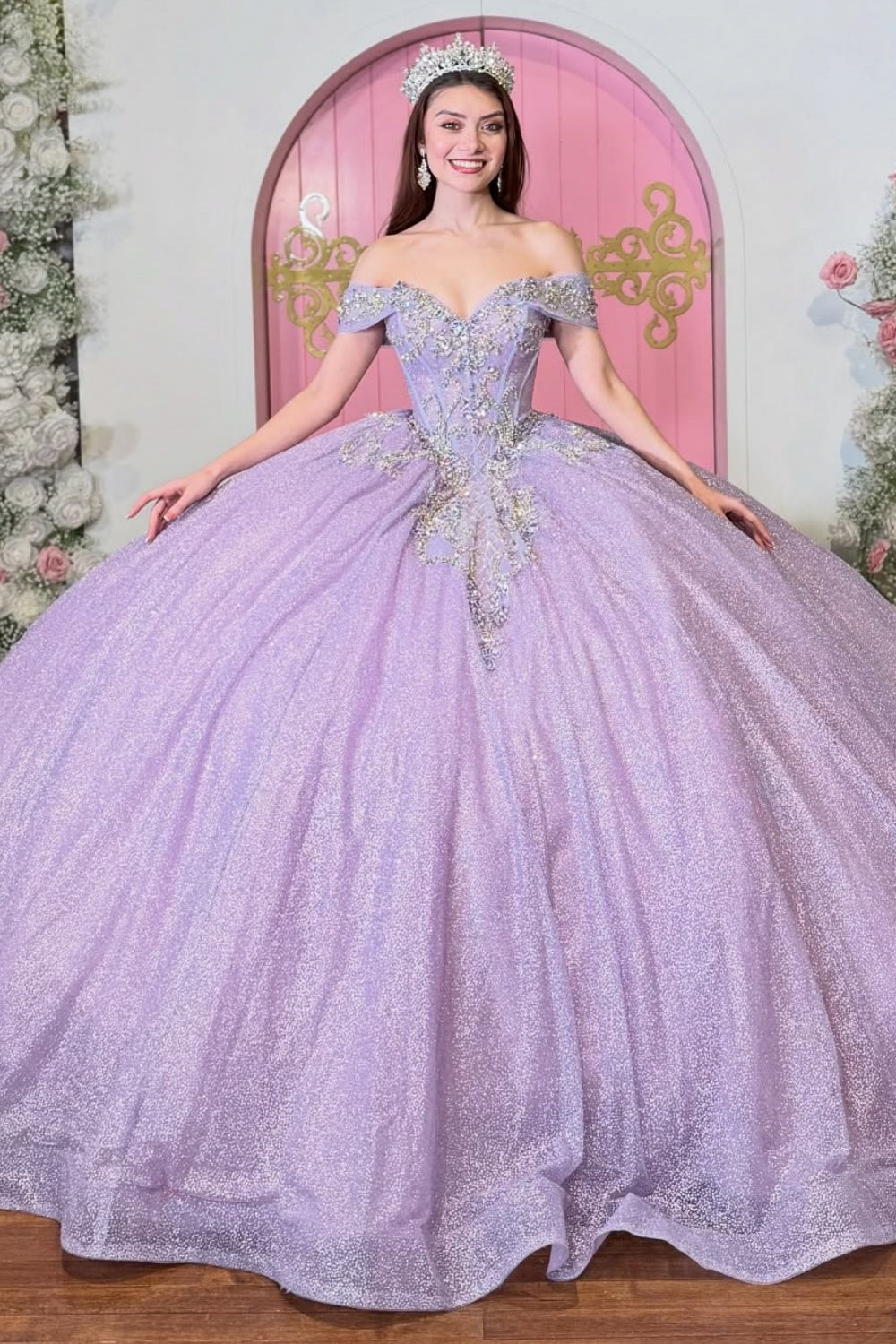 Off Shoulder Sleeveless Beaded Lilac Glitter Quinceañera Dress YQ1107