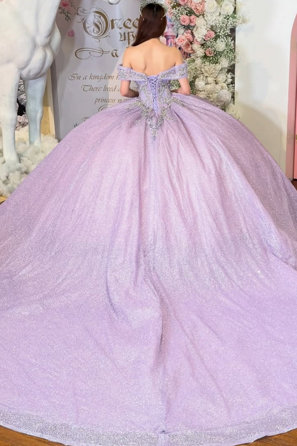 Off Shoulder Sleeveless Beaded Lilac Glitter Quinceañera Dress YQ1107