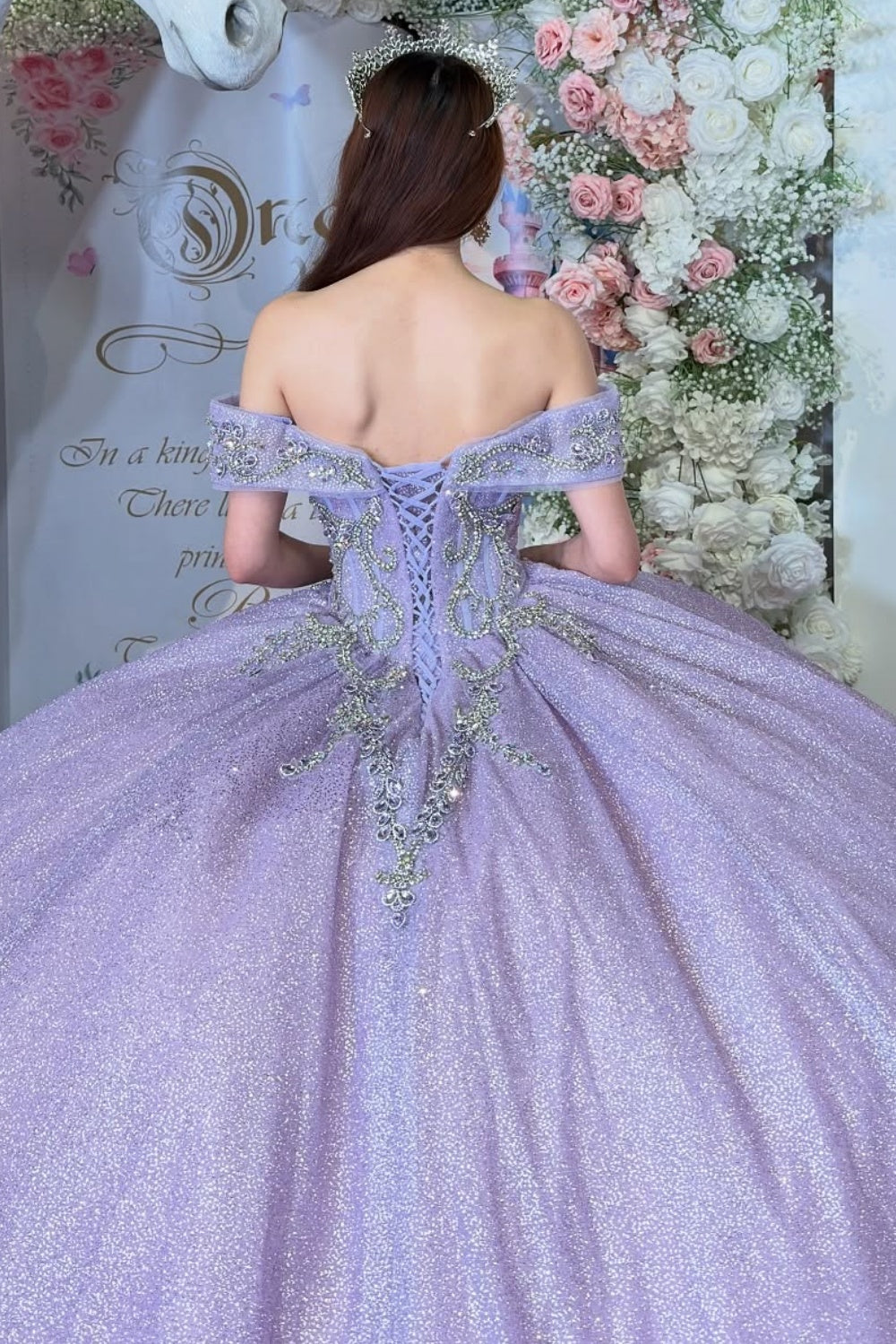 Off Shoulder Sleeveless Beaded Lilac Glitter Quinceañera Dress YQ1107