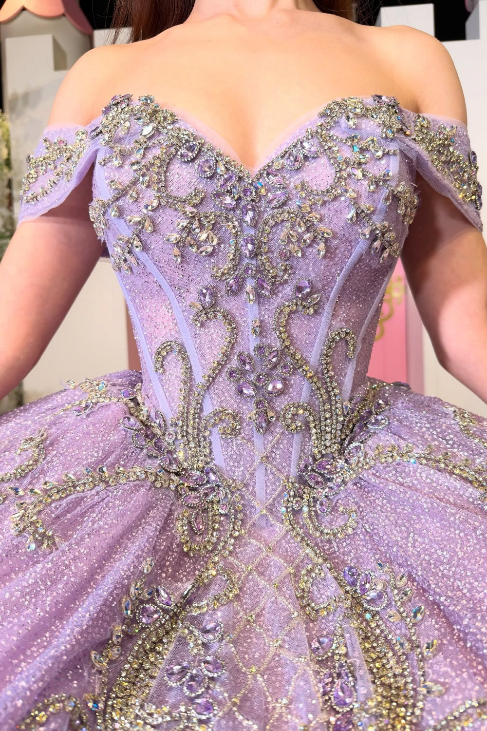 Off Shoulder Sleeveless Beaded Lilac Glitter Quinceañera Dress YQ1107