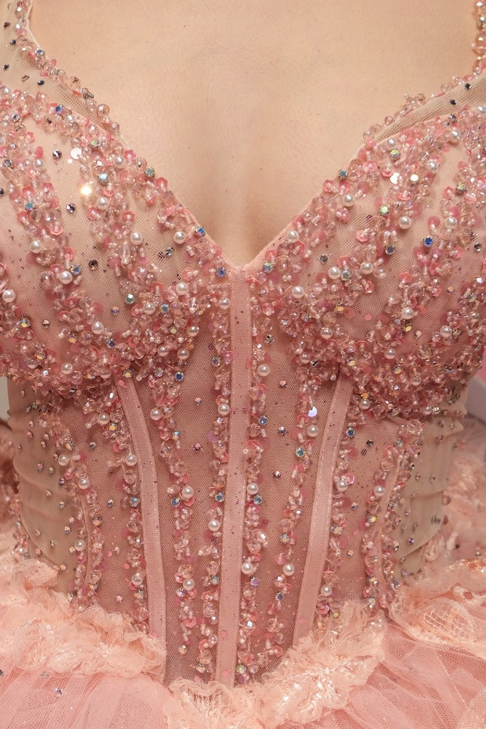 Off Shoulder Sleeveless Spaghetti Straps Beaded Appliques Bow Knot Pink Quinceañera Dress YQ1109