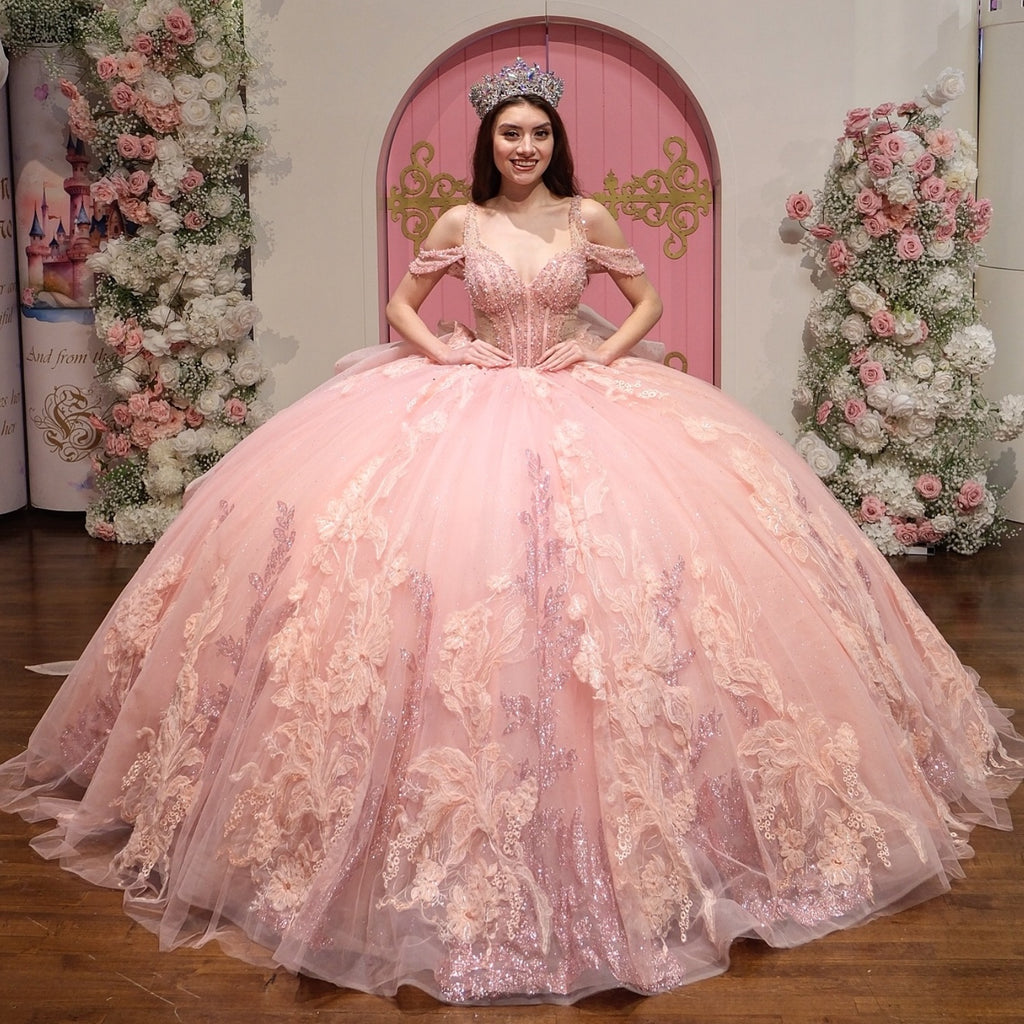Vestido de Quinceañera Azul Marino con Lentejuelas, Apliques de Cuentas, Brillos y Escote Bardot YQ1055