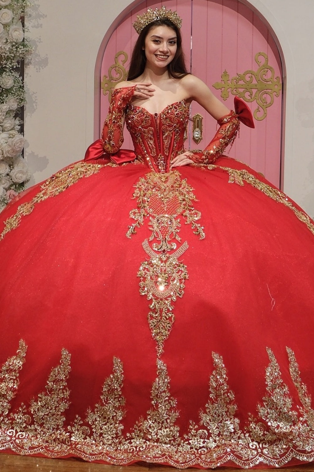 V Neck Detachable Half Sleeves Beaded Sequins Appliques Ruffles Tiered Red Quinceañera Dress YQ1110