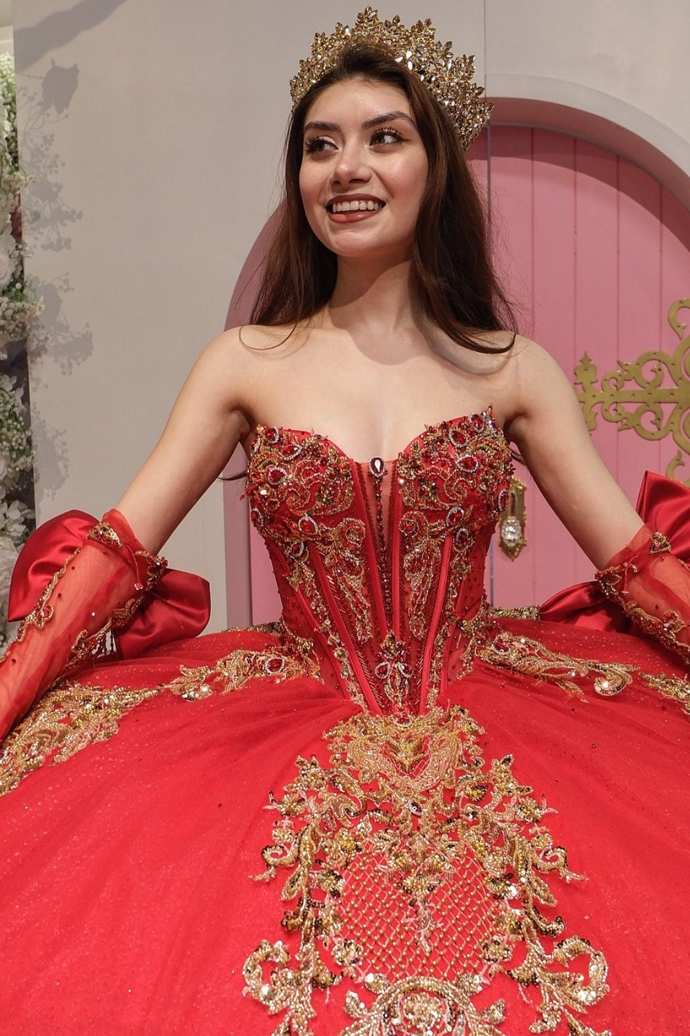 V Neck Detachable Half Sleeves Beaded Sequins Appliques Ruffles Tiered Red Quinceañera Dress YQ1110